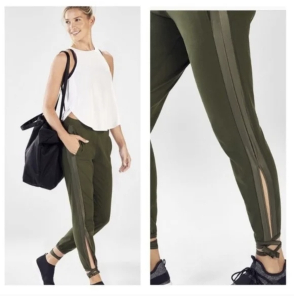 Fabletics,Kara Jogger, Olive Green Track Pants with Side Stripes